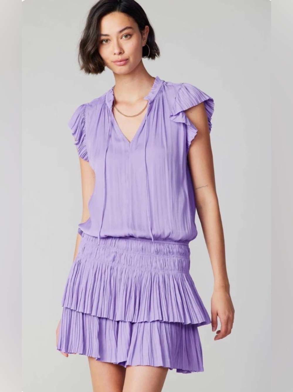 Current Air Lilac Pleated Flutter Sleeve Mini Dress
